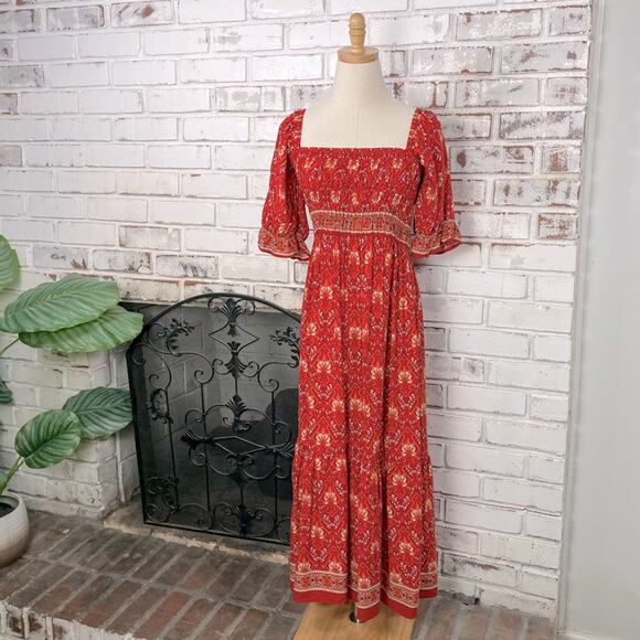 naagoo Dresses & Skirts - Red Bright Boho Floral Puff Shoulder Smocked Top Ruffle Hem Midi Dress L